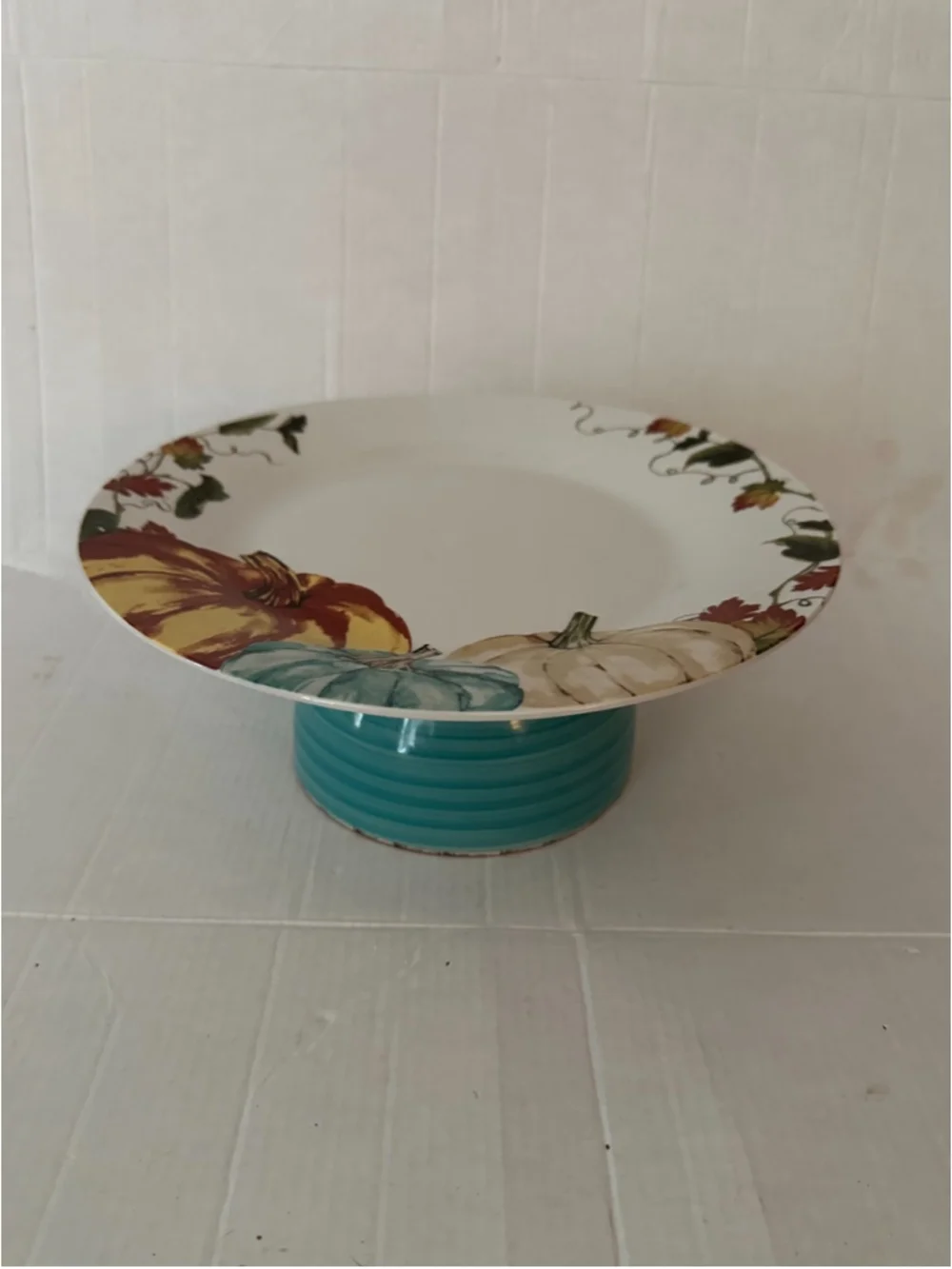 Fall Pumpkin Pedestal Cake Stand Serving Plate Teal Autumn Thanksgiving Decor